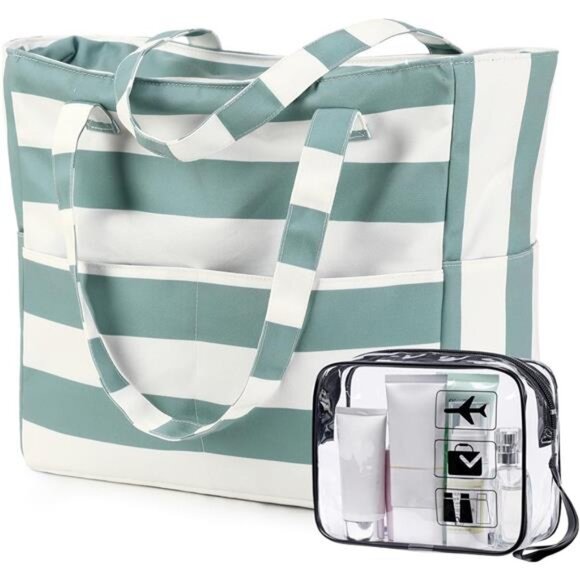 Waterproof Beach Tote Bag for Women Z-2pcs Green Stripe - Picture 1 of 6